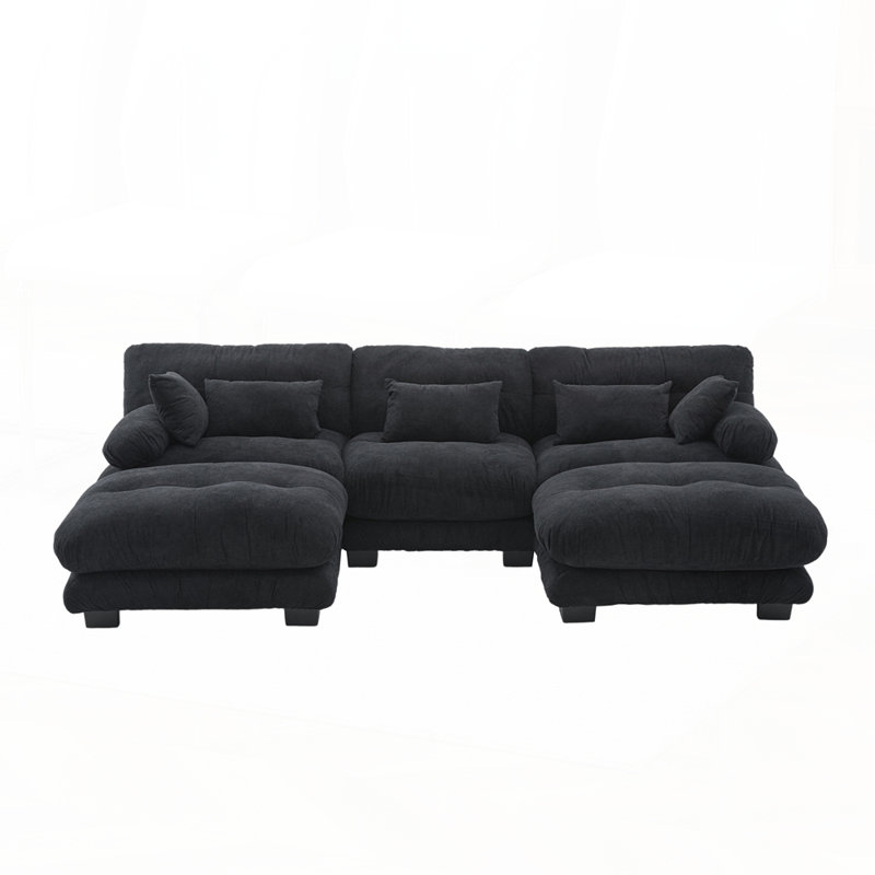 Oversized U-Shaped Sectional Couch with 2 Ottomans and Cloud-look Cushions for Ultimate Comfort, Black Velvet