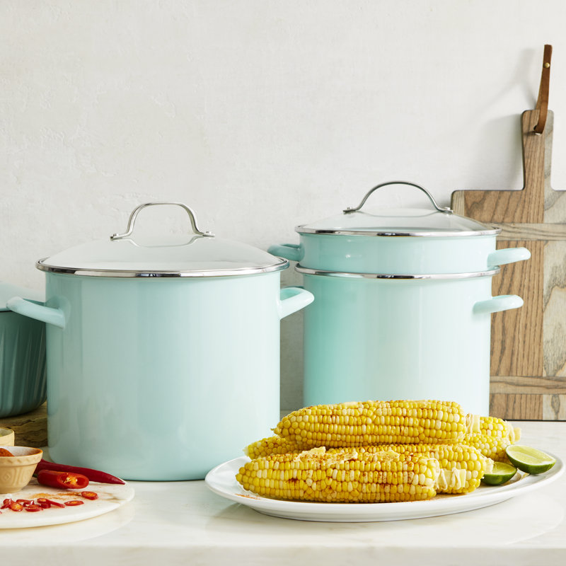Martha Blue 8-Quart Enamel Steel Stock Pot with Steamer Insert
