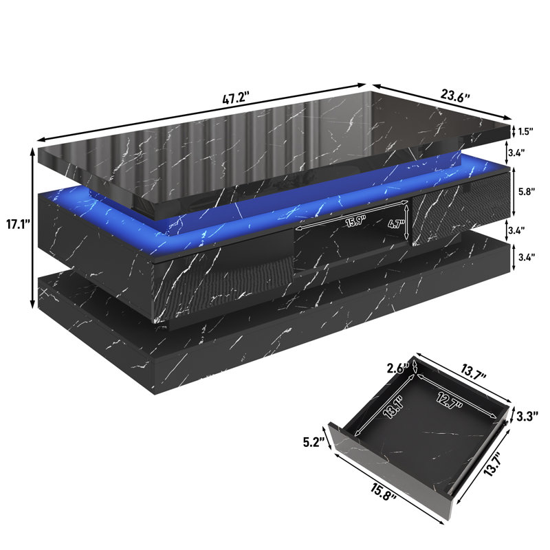 47.2'' LED Coffee Table With 2 Storage Drawers, High Gloss, Black