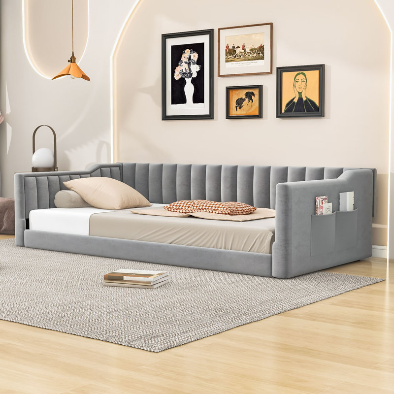 Lit de jour rembourré en velours avec poche de rangement latérale pour les chambres d'amis, Gris, Simple extra long