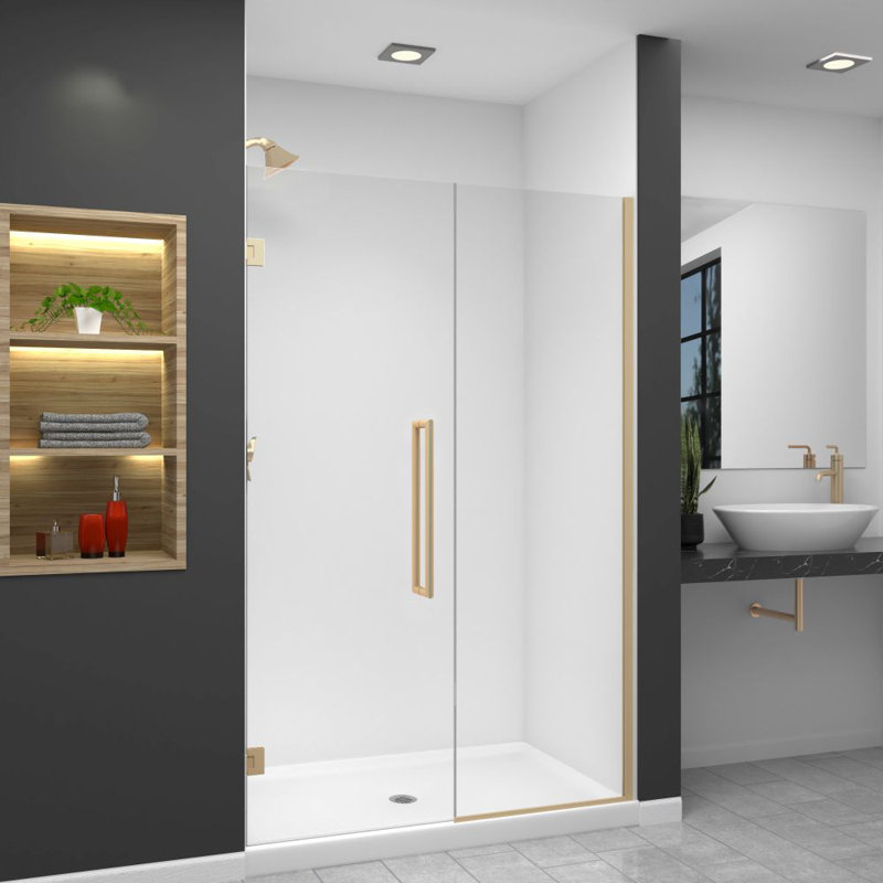 Porte de douche à charnière en acier inoxydable brossé avec verre transparent Transolor Elizabeth l 50,5 po x H 76 po, Bronze