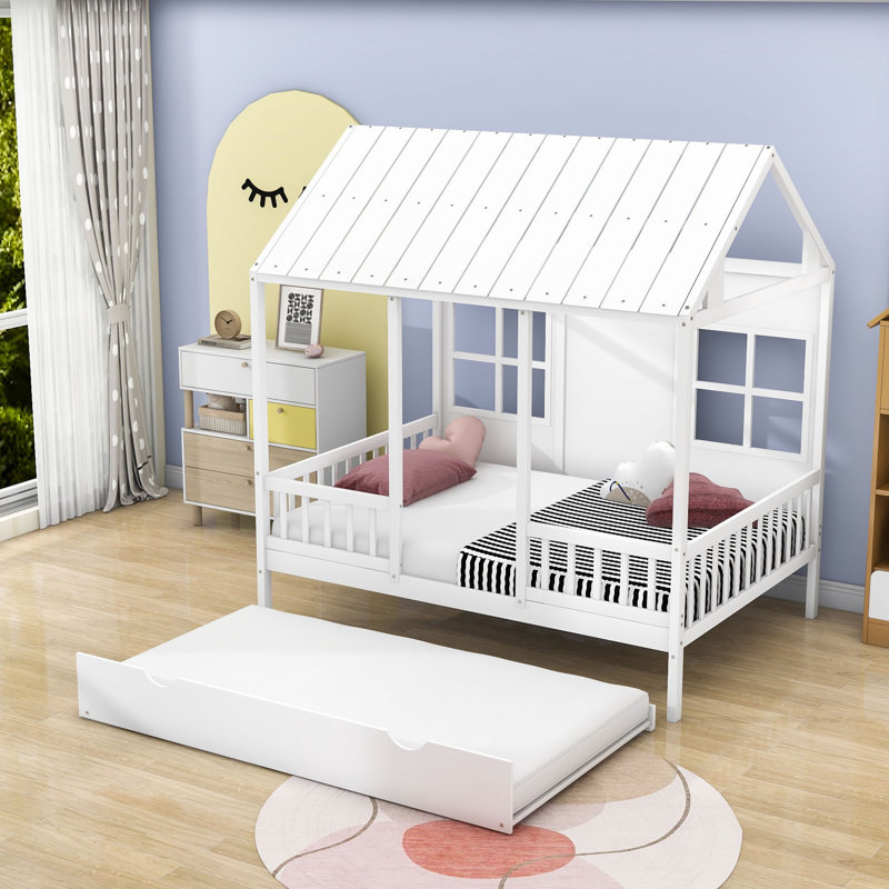Lit double en bois avec couchette simple Gundi, Blanc