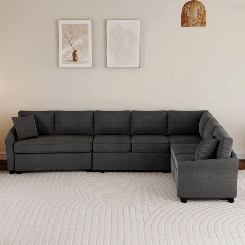 124.8" Pull-Out L-Shaped Sectional Sofa Bed with 2 USB Ports & 2 Power Sockets, Gray, Gray Chenille