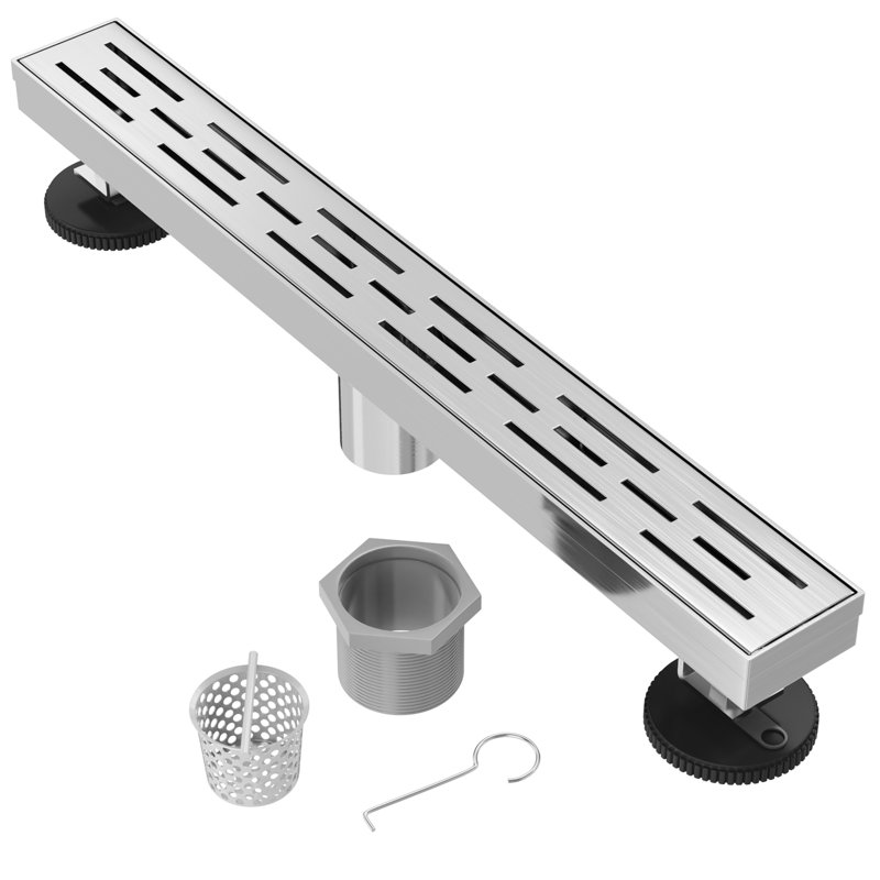 24" Linear Grid Shower Drain with Hair Strainer & Lifting Hook – Modern Stainless Steel Drain for Bathroom Showers