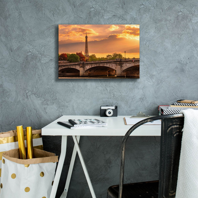 «Paris Golden Sunset Concorde Bridge», art mural sur toile, 18 po x 12 po, H 12 po x l 18 po x P 0,75 po
