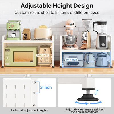 Expandable Microwave Stand Countertop, 2-Tier Adjustable Microwave Oven Rack with 8 Hooks & 2 Holders, Heavy Duty Carbon Steel Microwave Shelf, White