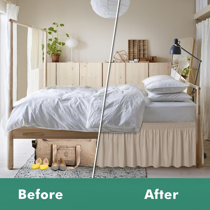 Wrap Around Bed Skirts With Split Corners For Queen Beds 18" Drop, Light Camel Adjustable Elastic Dust Ruffles Easy Fit Wrinkle Resistant Silky Luxurious Fabric Machine Washable