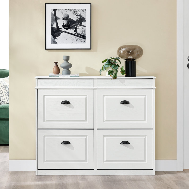 Moriah 16 Pair Flip Down Shoe Storage, White Vintage Wood Grain Effect/Black