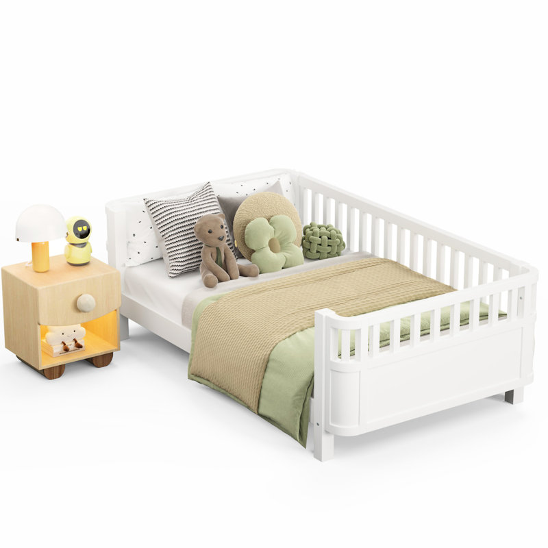 Lit plateforme simple en bois blanc, élégant et fonctionnel pour lit simple, avec coins arrondis à profil bas