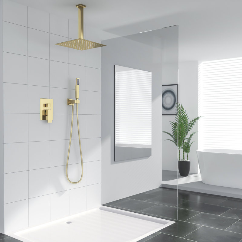 Mocoloo 16" Square Ceiling Mounted Rainfall Shower System Dual Shower Head, Gold Brushed