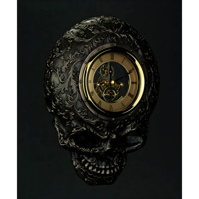 Industrial steampunk bronze cast resin skull wall clock with gold gear face, 9.5 inches wide