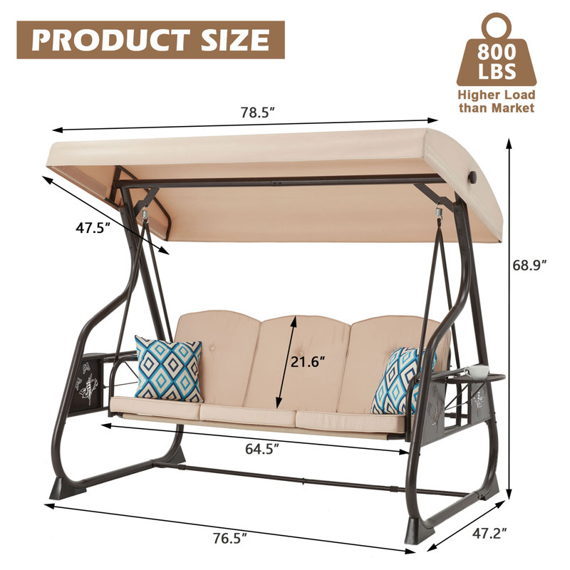Balançoire d'extérieur de 800 lb avec support avec auvent et dossier réglable, Kaki