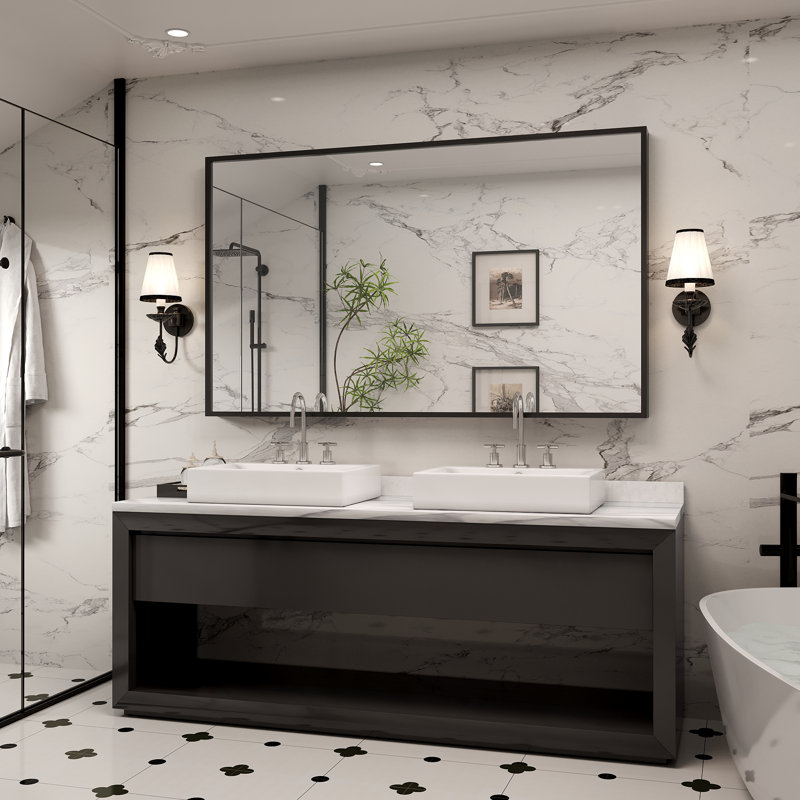 Molly Tempered Glass and Metal  Alloy Square-Corner Framed French Cleat Mounted Wall Bathroom / Vanity Mirror, 60" x 36"