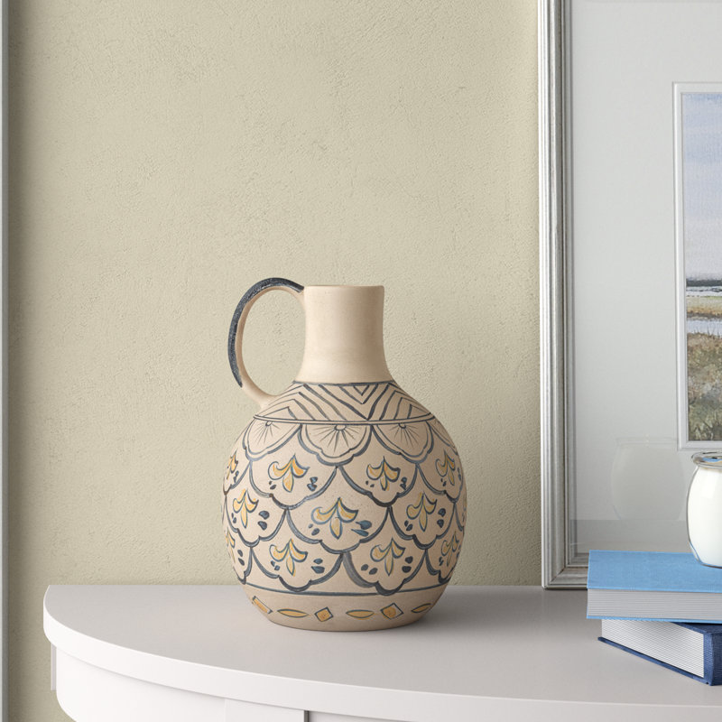 Toya Decorative Stoneware Vase with Painted Design and Handle