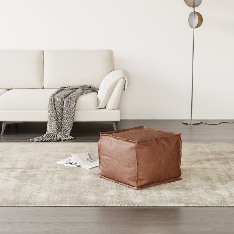 Pouf carré en cuir véritable 19 ", Noir, noir, noir, noir
