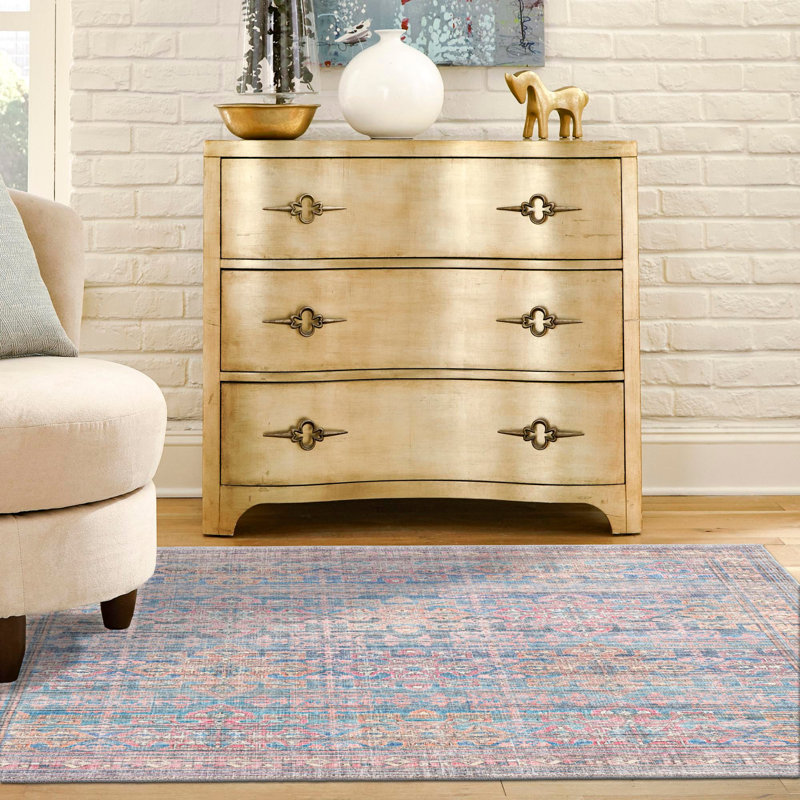 Tapis bleu tissé à la machine Hadsell, Carré 7 pi 10 po