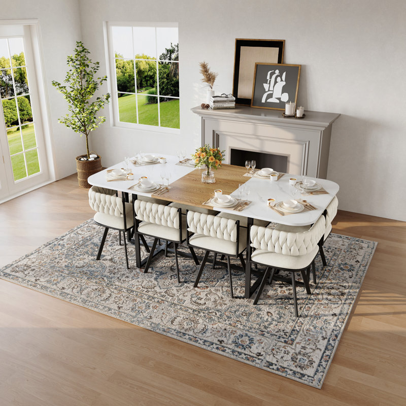 Ensemble de table de salle à manger 9 pièces carrée, plateau de table en fausse marbre fixe et grain de bois avec 8 chaises en velours, ensemble de table de cuisine moderne pour 8 personnes, idéal pour les réunions de famille, la salle à manger