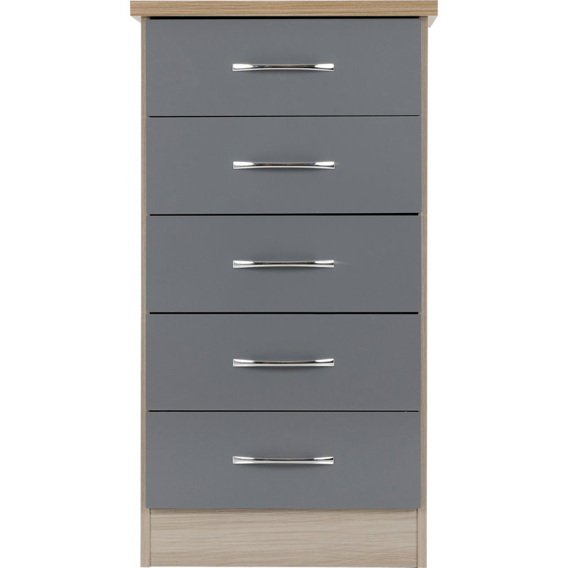 Nevada 5 Drawer Narrow Chest, Grey Gloss/Light Oak Effect Veneer