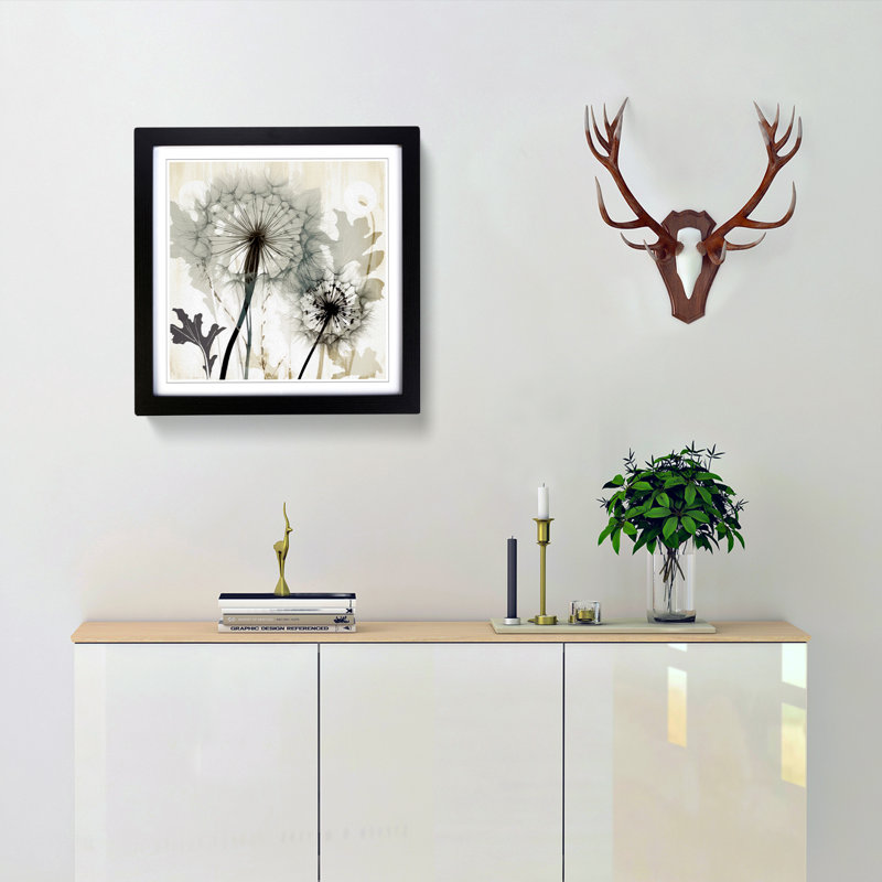 Dandelion Art Deco No.2 - Single Picture Frame Print on Wood, Black