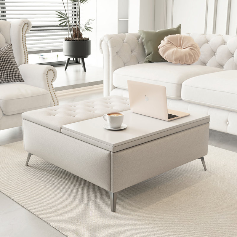 35 Inch Wide Square Storage Benches Coffee Table With Lift Top Oversized Storage Ottoman In Upholstered For Living Room