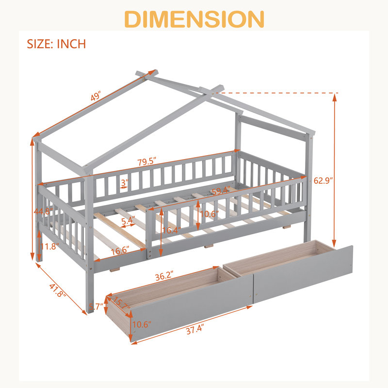 Lit simple en bois avec deux tiroirs, Gris