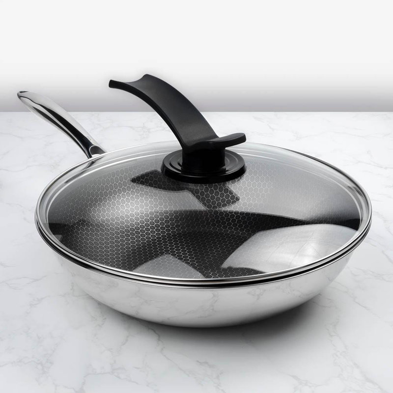 Wok en acier inoxydable anti-adhérent 12" avec couvercle huche cuisine
