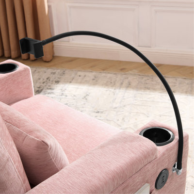 Fauteuil inclinable simple avec dossier réglable manuellement, port de charge USB sur le côté de l'accoudoir, support pour téléphone inclus, rangement pour accoudoirs dissimulé et repose-pieds de rangement assorti - rose