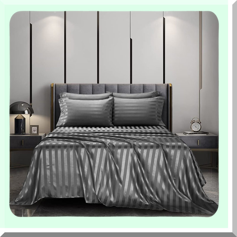 Luxury Silk Stripe Bedding Set - 6 Piece Deep Pocket Italian Style Sheets with Envelope Pillowcases - Stain-Resistant Wrinkle Free Queen Size - Grey