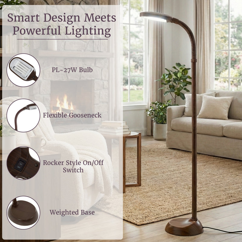 Sunlight Task Floor Lamp - Full Spectrum Natural Sunlight Lamp with Bendable Neck, Wood Grain, 62.5"