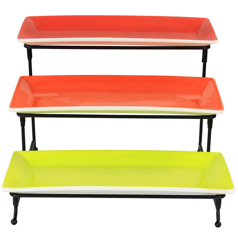 Latitude Run® Crenshaw Hand Painted Stoneware 3-Tier Serving Set With Metal Rack In Multicolor