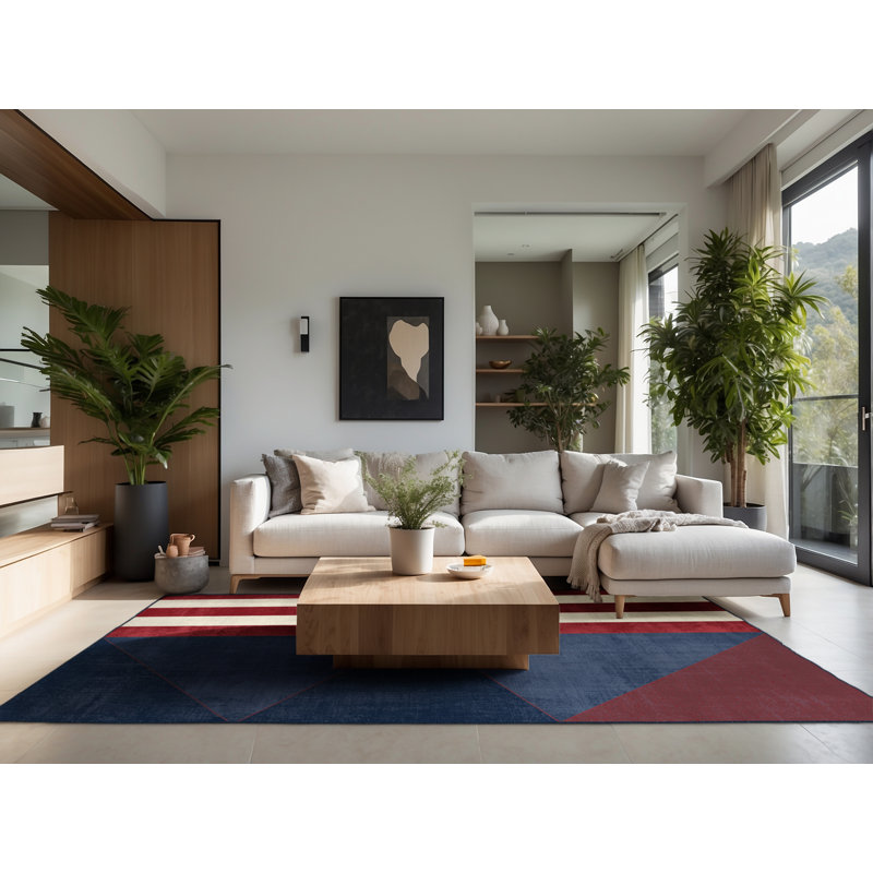 Soft Plush Fairweather July 4Th Modern & Contemporary Abstract Area Rug in Gray – Navy Binding, 3x5