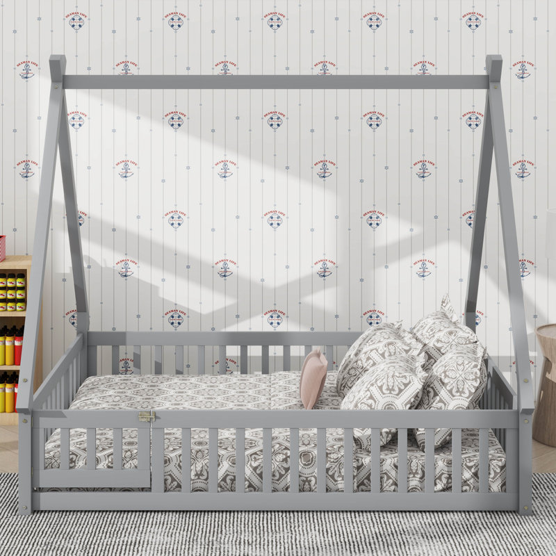 Lit double de style Montessori avec clôture et porte, Gris