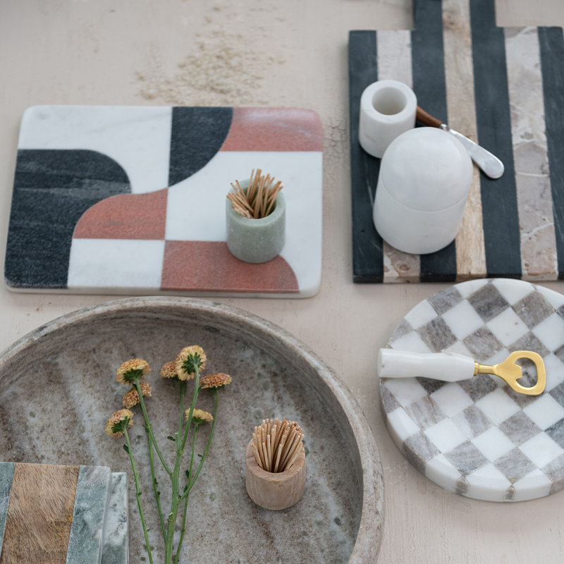 Round Marble Checkered Cheese And Serving Tray