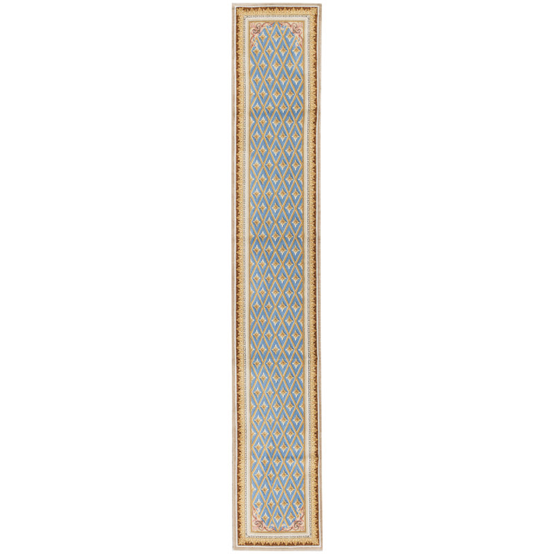 Hand-Knotted High-Quality Blue and Ivory Runner
