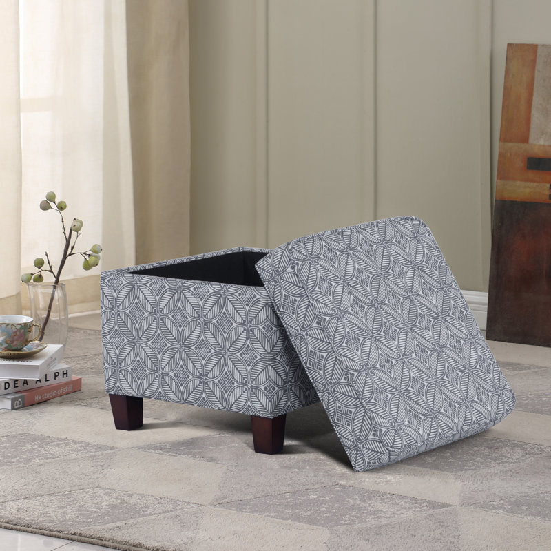 Asha 17.5" Square Storage Ottoman, Indigo Print