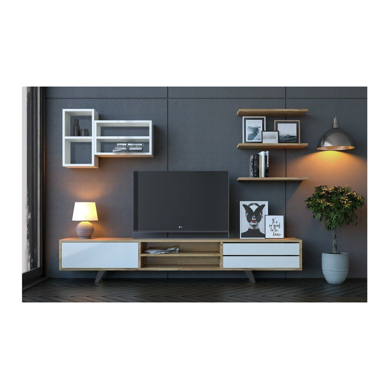 Meuble télé moderne scandinave, blanc et chêne, 70,9 po x 17,7 po x 15,7 po | Panneau de particules 100% mélamine de qualité E1, épaisseur: 0,6 pouce | Assemblage facile avec le système Minifix | Design élégant et fonctionnel pour le salon