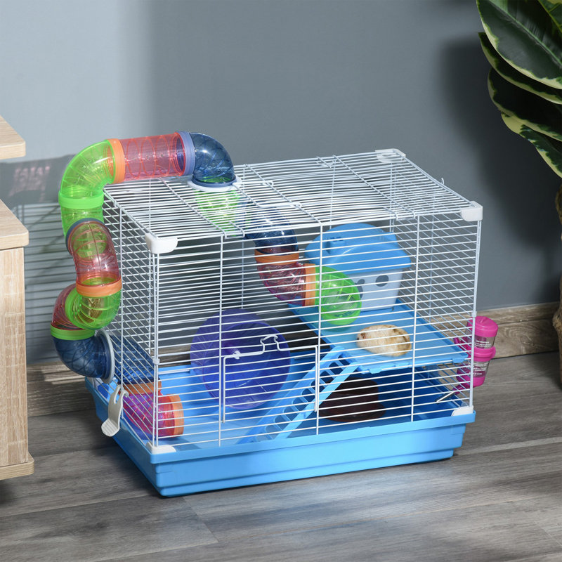 Cage à hamster 18 "à 2 niveaux avec roue et bouteille d'eau, bleu