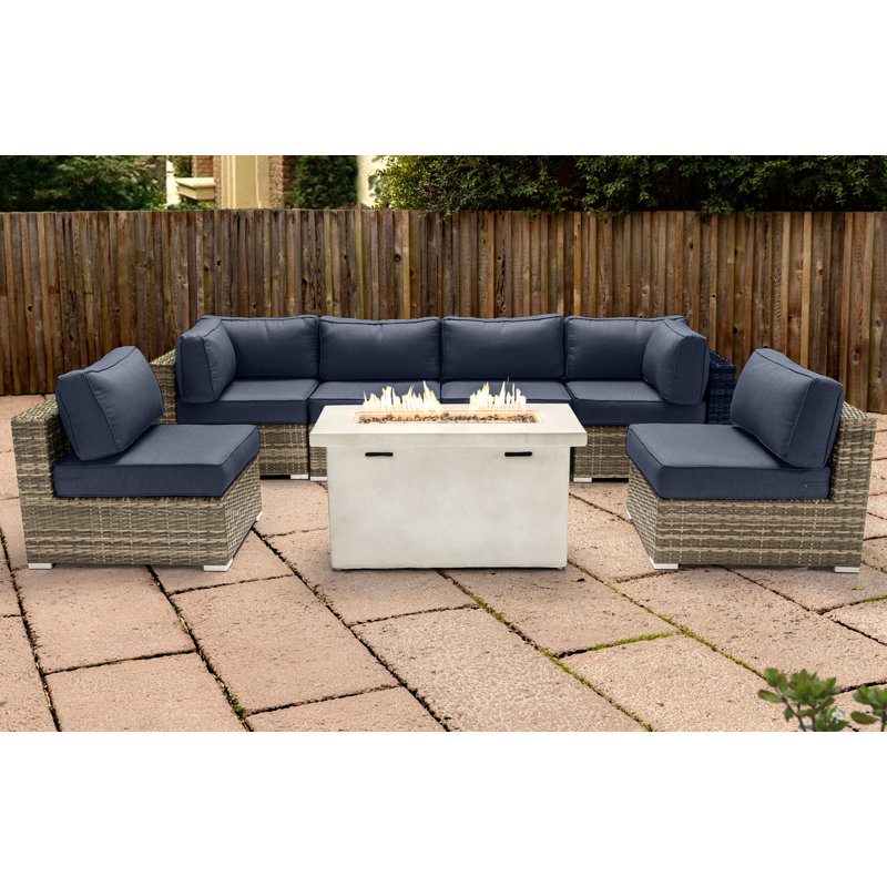 Ensemble de conversation pour 6 personnes avec foyer et coussins Sunbrella LSI, Bleu marine Sunbrella