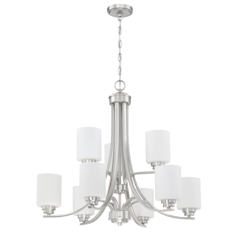 Lustre à niveaux 9 lumières statement Omur, Nickel poli brossé, Blanc givré
