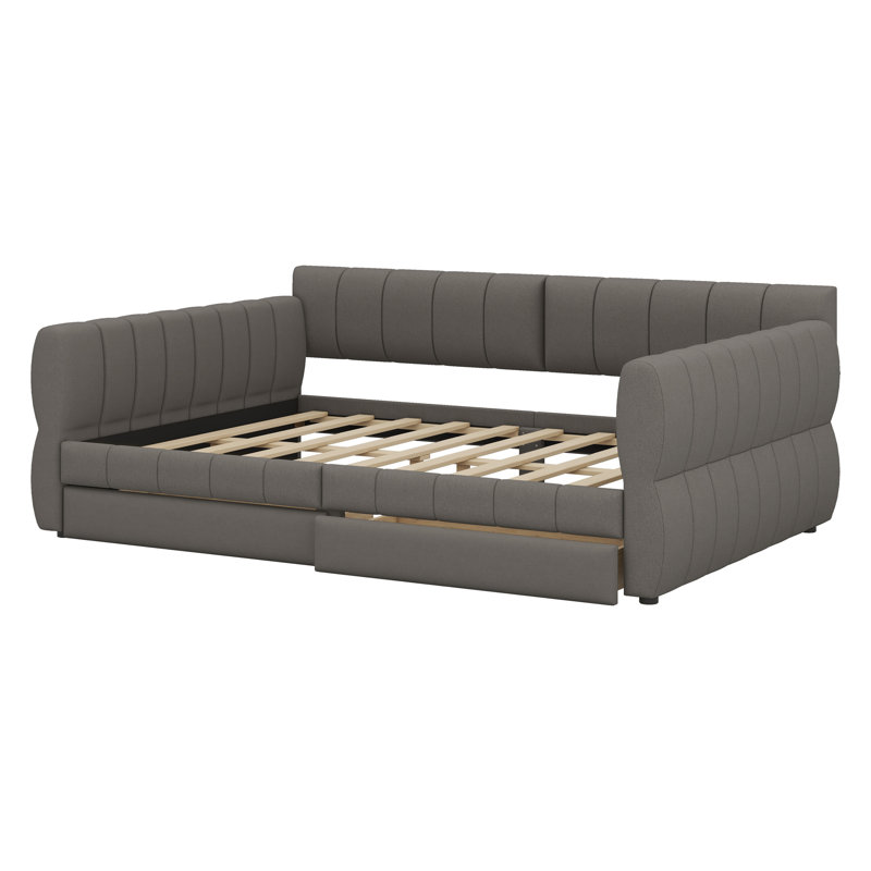 Upholstered Platform Bed With USB And 2 Drawers, Gray
