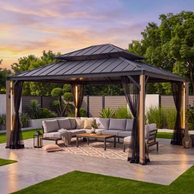 Sunjoy 13' x 15' Hardtop Gazebo with Solar Lights, Larger Double Steel Roof with Mosquito Netting