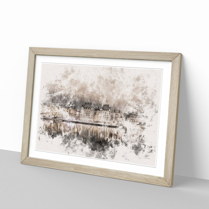 Reflection of Stockholm in Sweden - Picture Frame Painting Print, 62cm H x 87cm W x 2cm D, Oak Framed