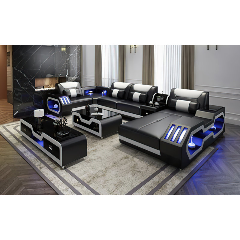 Arcadius Upholstered U-Shaped Sectional, Black/White Leather , Right Hand Facing