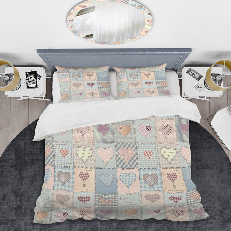 Ensemble de housse de couette à motif crème Love Patchwork, Housse de couette pour très grand lit et 2 très