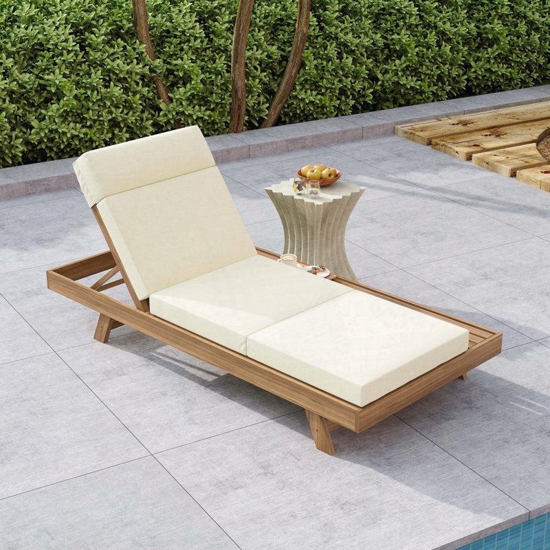 Lounge Chaise Set with Headrest, Acacia Wood Outdoor Recliner with Tri-Fold Cushion, Beige Cushion/Light Brown Frame