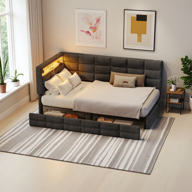 Upholstered Twin Size Daybed With Storage 2 Drawers And Charging Station, Day Bed Frame With LED Lights And Storage Headboard, No Box-Spring Needed