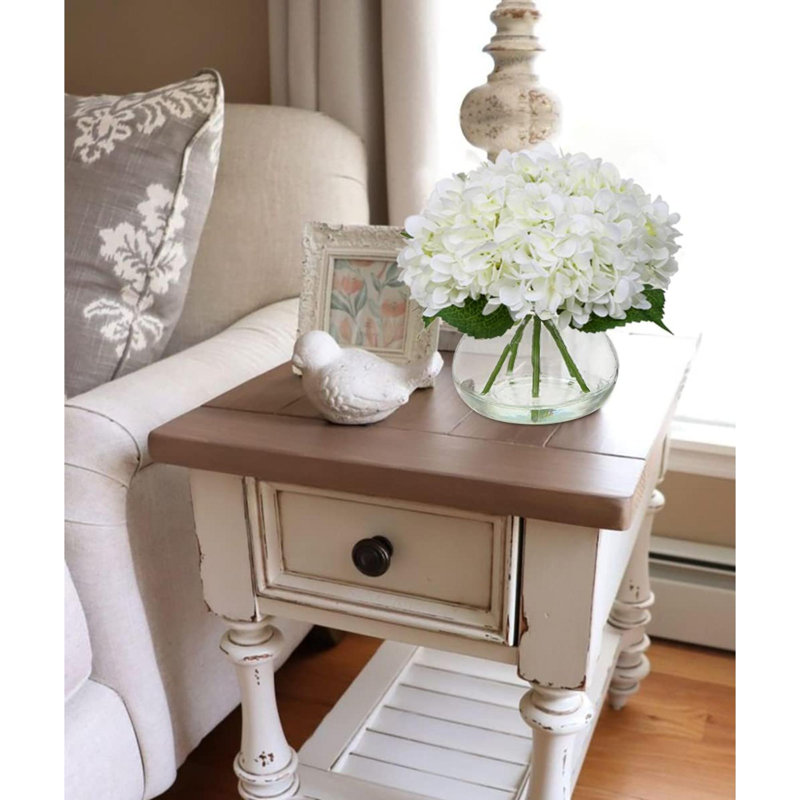 Hydrangea Artificial Flowers With Vase  Silk Fake Flowers Arrangements In Glass Vase With Faux Water For Home Bathroom Office Table Centerpiece Shelf Decorations