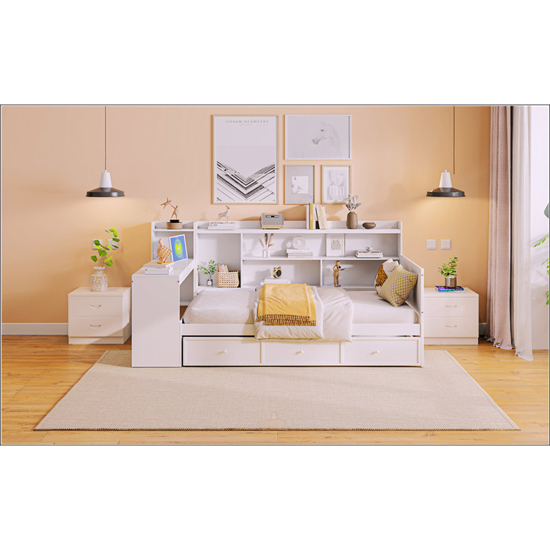Lit de jour double en bois avec 3 tiroirs, Lit simple, Blanc