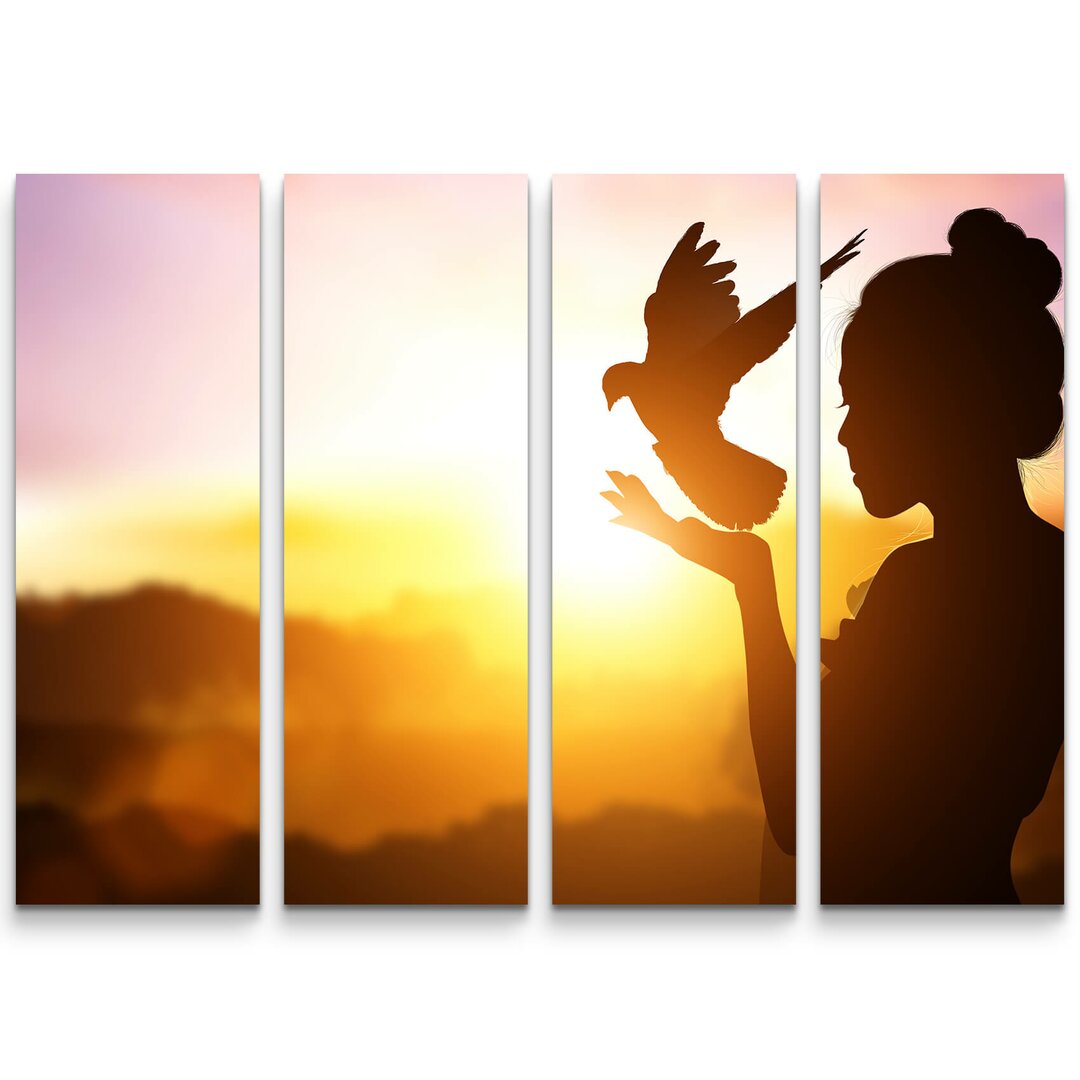 4-tlg. Leinwandbilder-Set Silhouette einer Frau mit Taube