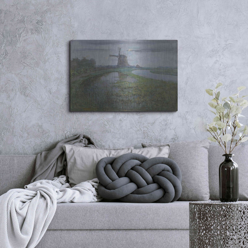 Oostzijdse Mill long the River Gein by Moonlight, 1903 'par Piet Mondrian, art mural en métal, H 24 po x l 36 po